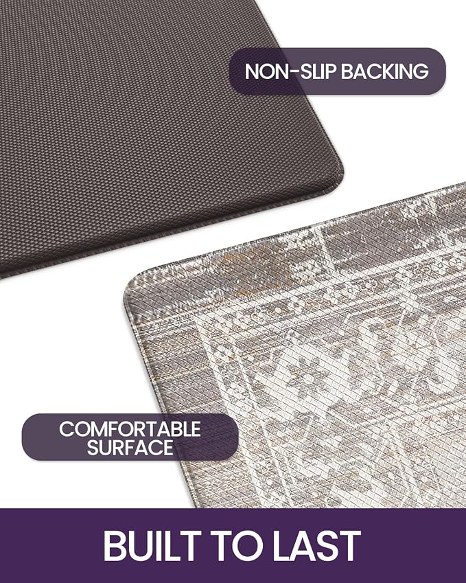 DEXI Kitchen Floor Mats Cushioned Anti Fatigue, 23x59 Long Wide Standing Comfort Runner Rug, Waterproof Retro Floral Memory Foam Padded for Front Sink Laundry, Beige Grey
