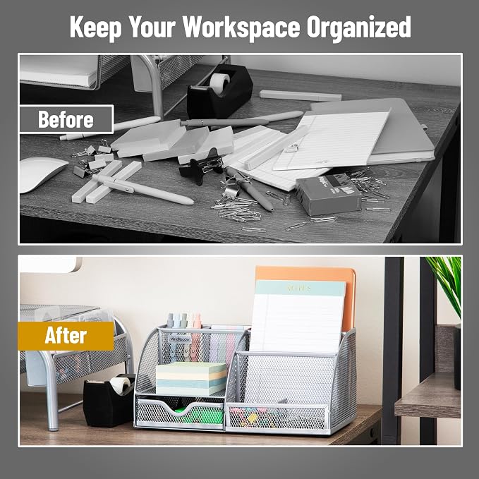 Mind Reader 7-Compartment Desktop Organizer, Metal Mesh Desk Organizer for Pens, Sticky Notes, Mail and Office Supplies, Silver