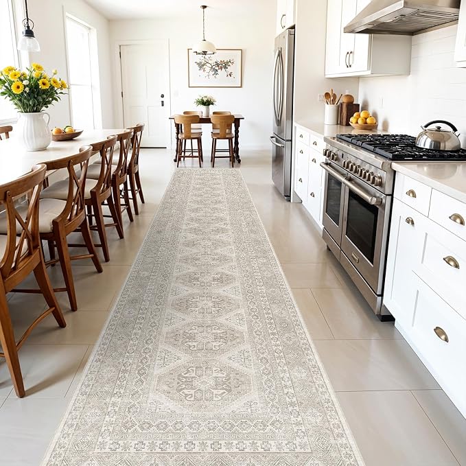 3x20 Runner Rug Kitchen Washable:Oriental Indoor Hallway Runners with Non Slip Backing Floor Mat for Entryway Door Low Pile Thin Carpet for Bedroom Bathroom Living Room Bedside (Beige, 3x20)