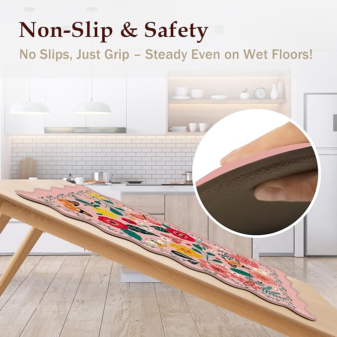 Scalloped Pink Kitchen Mats for Floor Cushioned Anti Fatigue Kitchen Mats Rugs Waterproof Non Slip Farmhouse Boho Floral Comfort Foam Standing Mat for Sink Laundry, 17.3x59