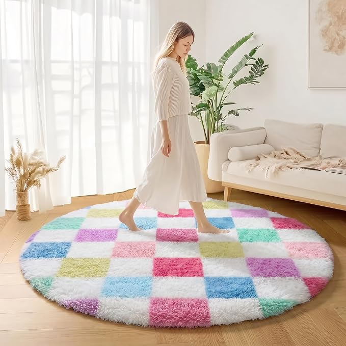 KICMOR Pink Rainbow Round Rugs 5ft for Bedroom Living Room, Cute Fluffy Soft Circle Area Rug Fuzzy Shag Shaggy Carpet, Circular Checkered Rug for Kids Girls Boys Dorm Nursery Home Decor Aesthetic