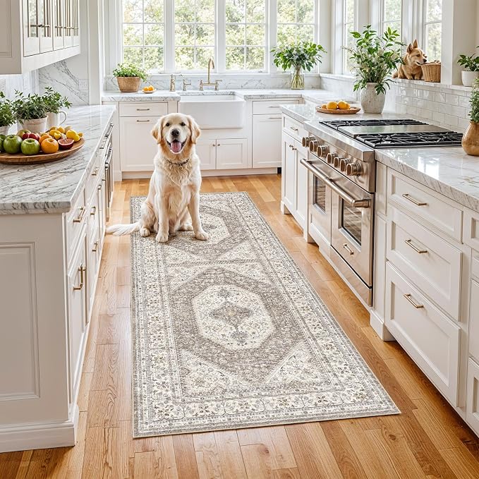 3x6 Washable Hallway Runner Rug:Oriental Indoor Kitchen Rugs Vintage Door Mat Non Slip with Rubber Backing Low Pile Thin Carpet for Bedroom Bathroom Living Room Bedside (3x6 Brown/Beige)