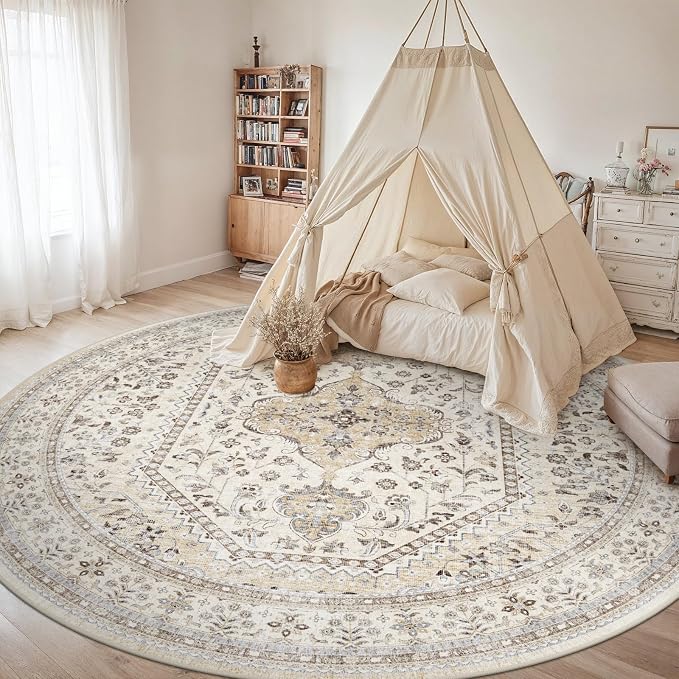 Puino 9FT Round Area Rugs for Living Room: Circle Rugs Machine Washable Oriental Low Pile Soft Non Slip Backing Vintage Indoor Rug for Bedroom Nursery Dining Room Home Office Beige/Gray