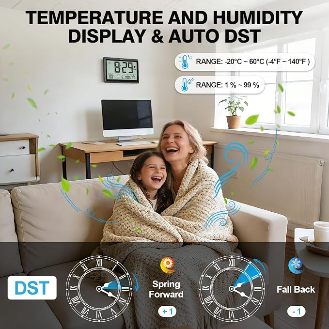 XREXS 10.4 Inch Digital Wall Clock Battery Operated Large Display Clock | Digital Calendar with Indoor Temperature/Humidity/Date/Day, Auto DST for Classroom, Livingroom, Office(No Backlight)