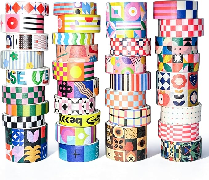 Bomichi Washi Tape Set - 34 Rolls Modern Geometric Pattern Washi Tape for Bullet Journaling, Scrapbooking, Planner Borders, DIY Collage Supplies,Gift Wrapping, School Supplies