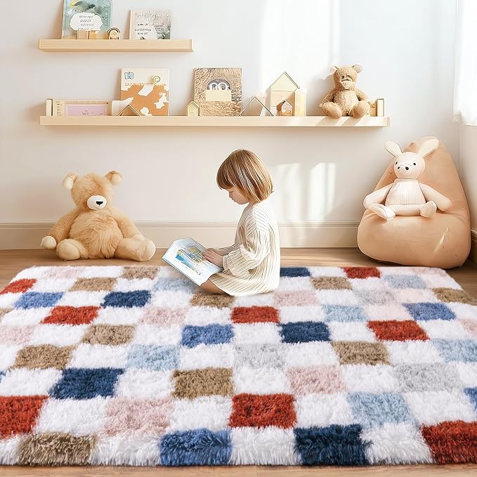 Area Rugs for Living Room 8x10, Ultra Fluffy Shag Checkered Rug Modern Washable Carpet Soft Shaggy Non Slip Indoor Plush Fuzzy Rugs for Bedroom Dorm Office Home Aesthetic Decor, Red and Blue Colorful