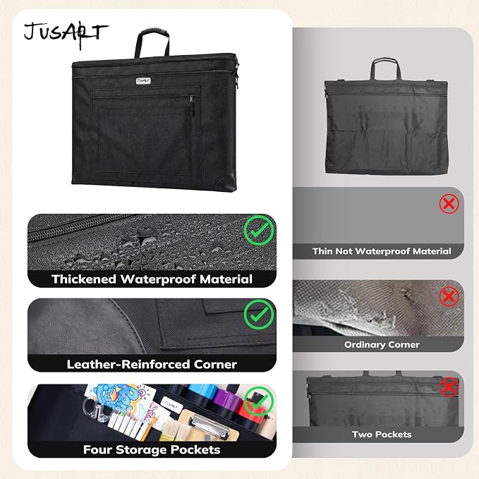 JusArt Art Portfolio Bag, 18x24 Foldable Light Weight Portfolio Folder Case with Adjustable Shoulder Strap, Leather Corners, Waterproof Art Bag for Artists and Adults for Artwork, Poster, Sketching