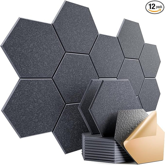 12 Pack Self-Adhesive Acoustic Panels 12" X 10" X 0.4" - Sound Proof Foam Panels with High Density, Stylish Hexagonal Design, Flame Resistant, Absorb Noise and Eliminate Echoes(Dark Gray)