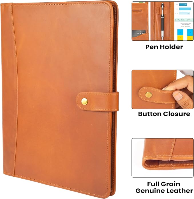 Leather Resume Portfolio Folder for Interview, Professional Padfolio Organizer Binder A4, Graduation & New Job Gift for Men Women – Tan