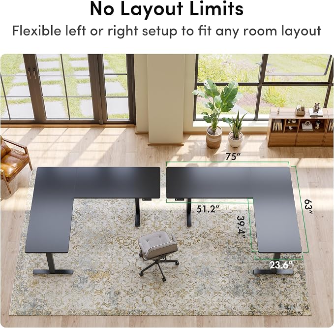 FEZIBO 75" x 63" L-Shaped Standing Desk - Adjustable Corner Desk L Shape, L-Shaped Adjustable Desk with Splice Board, L Shape Standing Desk, Black