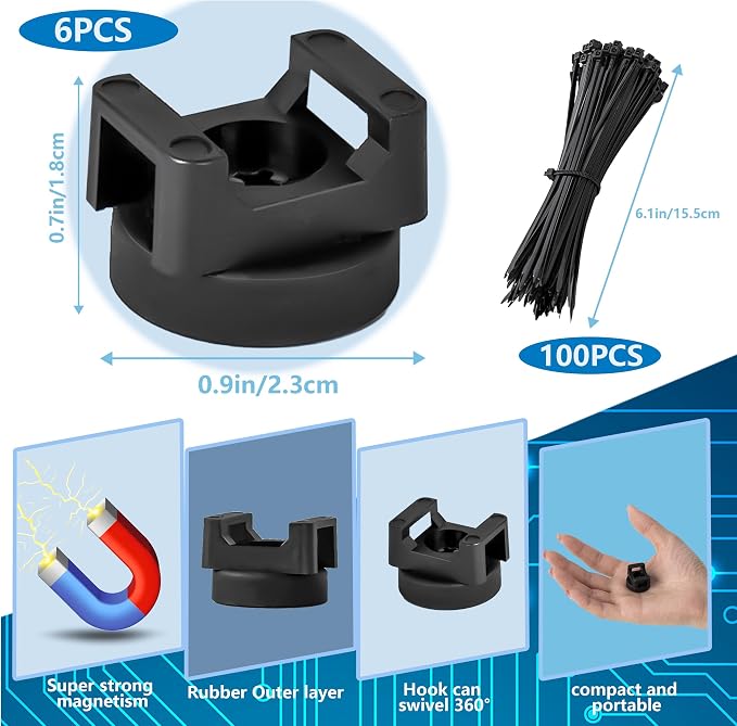 Magnetic zip tie mount 6 Pcs Magnet bases and 100 Pcs Zip ties Multipurpose cable holder magnetic wire holder for Cable Managemen