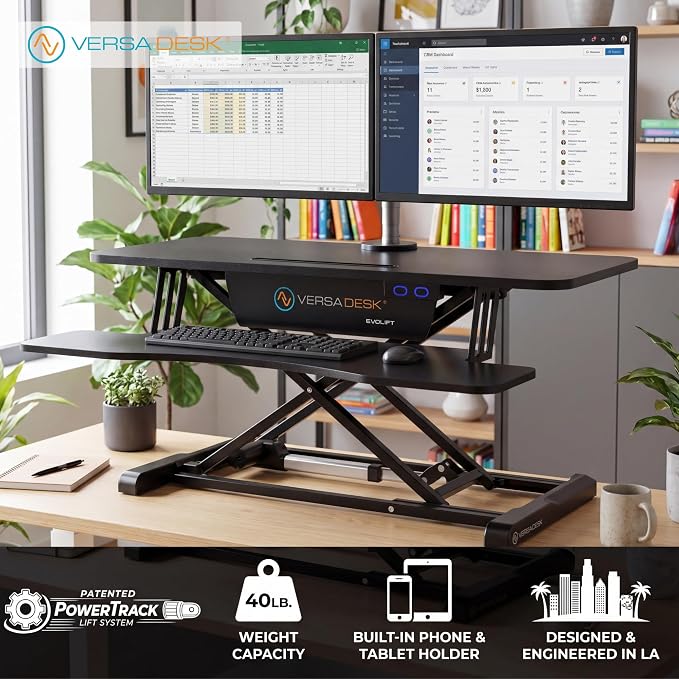 VERSADESK EvoLift 40" Electric Standing Desk Converter, Sit to Stand Motorized Desk Riser, 1-Button Easy Lift, Dual Monitor Workstation, Wide Keyboard Tray, Built-in Device Stand, Black