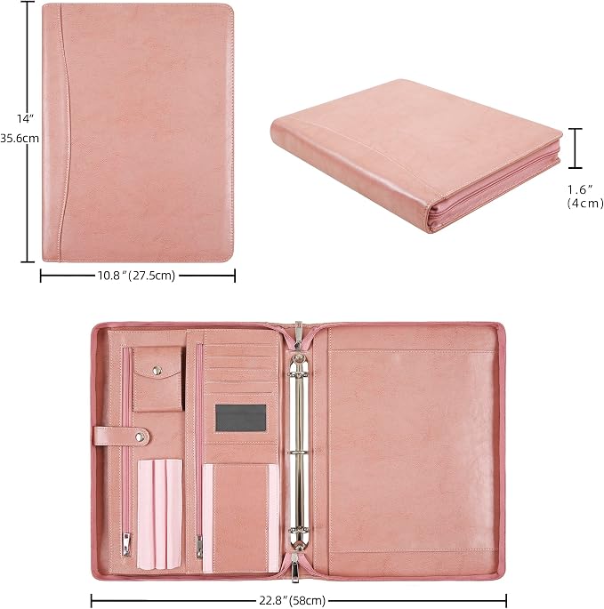 Pink Leather Padfolio for Women, Business Leather Binder 3 Ring Portfolio, Personalzied Leather Portfolio Binder, Zippered Portfolio Organizer for A4 Letter Size Notepad & 13-inch Laptop/Tablet