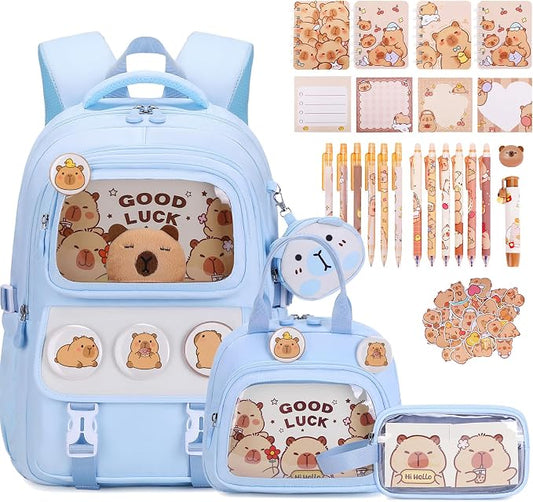 Capybara Backpack for School Girls, 30PCS Capybara Gifts School Supplies Stationery Set with Lunch Box Pencil Case Pens Pencils Notebook Cartoon for Kindergarten Elementary Student(Blue)