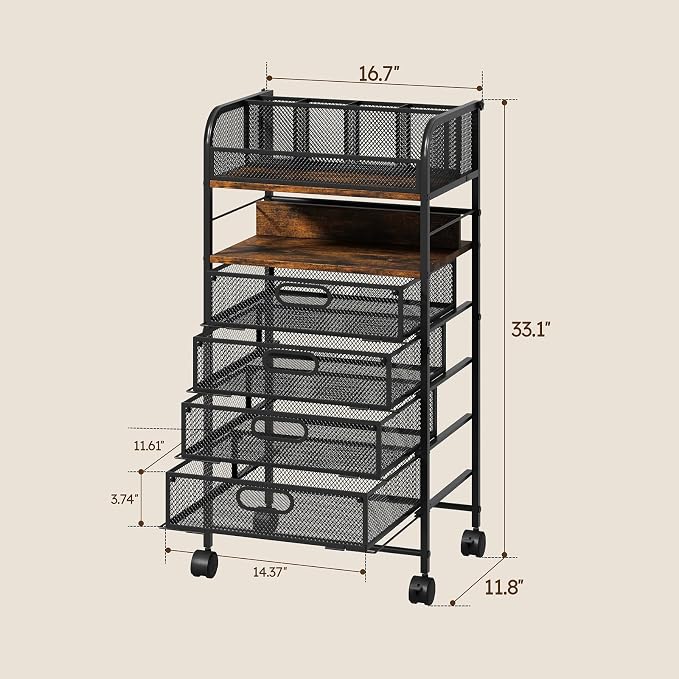 Rolling Art Cart with 4 Drawers, Rustic | Art Supplies Organizer, 5-Tier Storage, Adjustable Dividers, Anti-Pull Mesh Drawers, Metal Frame, 4 Casters with 2 Locks