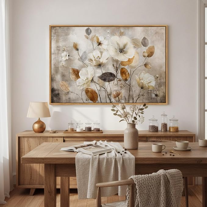 Framed Vintage Neutral Floral Wall Art for Living Room, Brown Botanical Flower Aesthetic Canvas Artwork for Walls, Farmhouse Rustic Painting Print for Bedroom Dining Room Hallway Wall Decor, 36X24 In