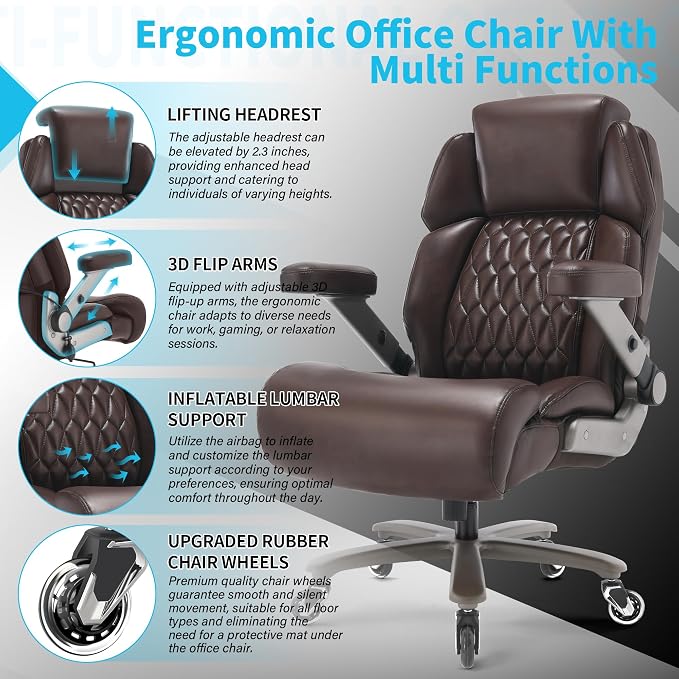 Big and Tall Office Chair 700lbs, Ergonomic High Back Computer Desk Chair | Adjustable Headrest&Lumbar Support, 3D Flip Arms, Large Wheels, Heavy Duty Metal Base, Thick Padded Wide Seat Executive Chair