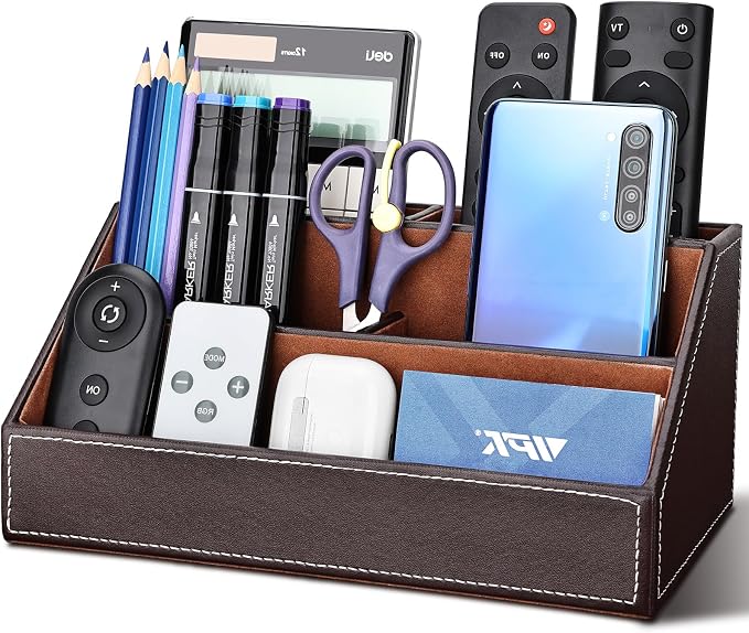 Pu Leather Desk Organizer with 5 Compartments Holder, Multi-Functional Office Supplies Storage Caddy for Pen/Pencil, Phones, Remote Controller and Desktop Accessorie Brown