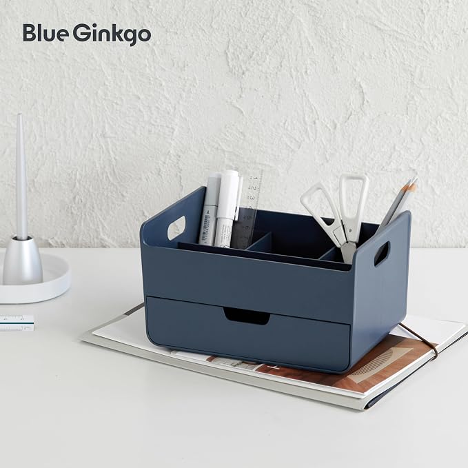 BLUE GINKGO Portable Desk Organizer, Blue, Made in Korea | 3 Compartments. Half Drawer. Everyday Storage.