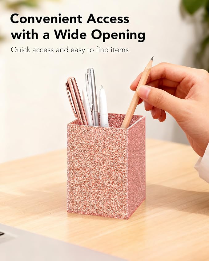 Acrylic Pen Holder Desk Organizer for Office, Light Pink Glitter | Sparkling glitter acrylic makeup brush and pencil holder for desk, Modern desktop organizer for home, school and office
