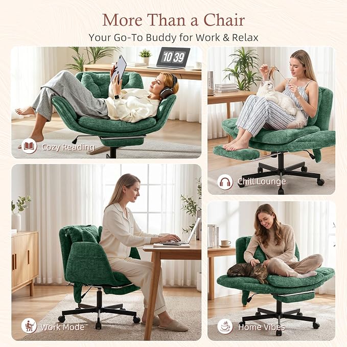 Criss Cross Office Chair with Footrest and 5-Gear Adjustable Arms, Green | Wide seat cross-legged desk chair, flip lumbar pillow, airbag support, chenille fabric, for home office vanity and meditation