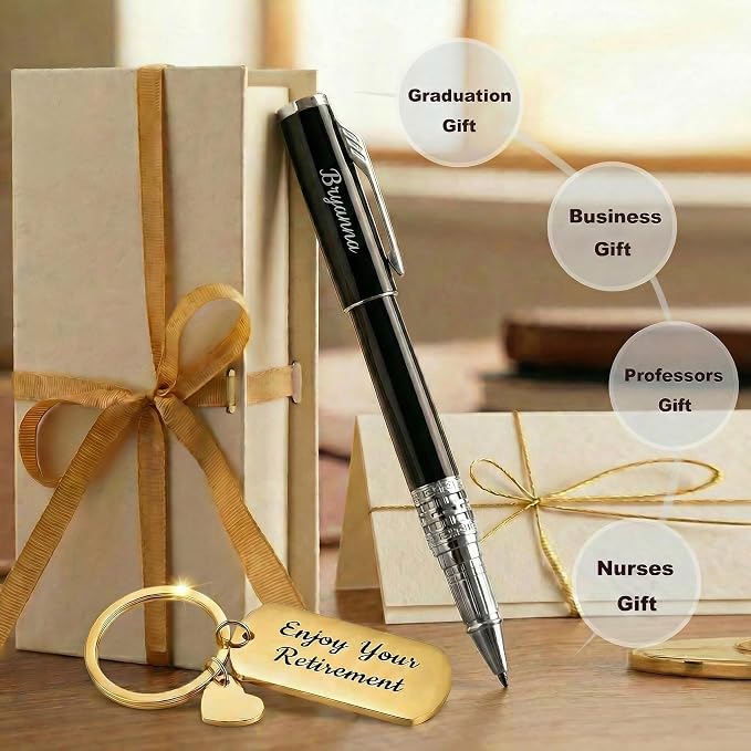 Yastar Custom Gift Pen Set with with a Custom Keychain, 2 extra Black Refills Engrave with your Name Phone Number any Message on Pen - Souvenir Gift for Colleague Friends Business Employees