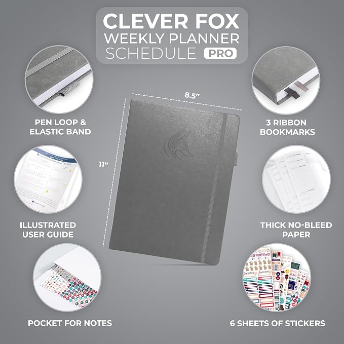 Clever Fox Planner PRO Schedule – Undated Weekly & Monthly Life Planner with Time Slots, Appointment Book & Daily Organizer, A4 (Gray)