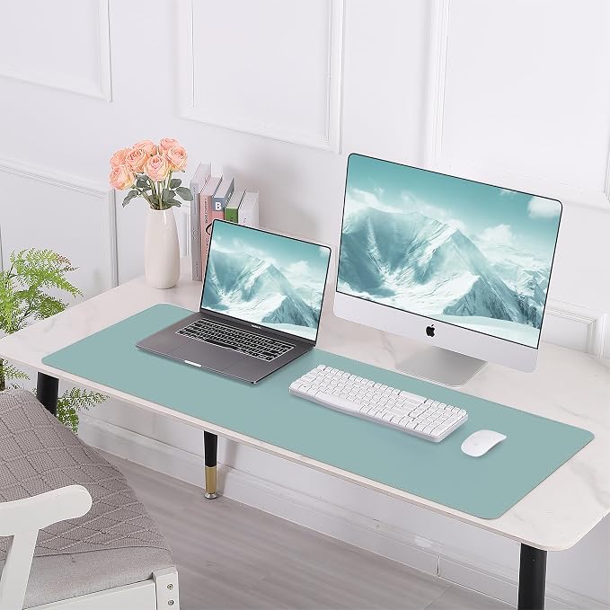 AFIING Leather Desk Pad Protector, 47" x 17" Large Desk Mat with Natural Cork & PU Leather, Mouse Pad, Non-Slip, Waterproof Desk Writing Pad for Office and Home (Light Blue)