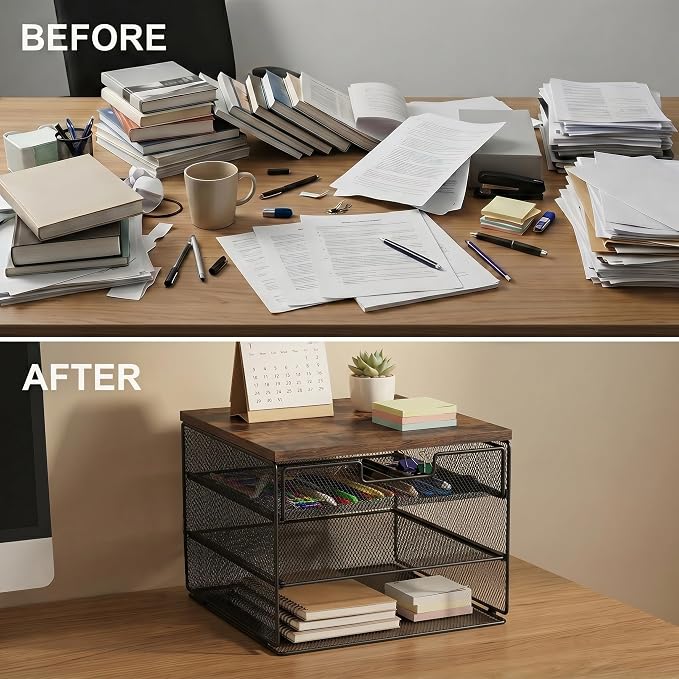 4-Tier Mesh Desk Organizer and Accessories with Drawer Wooden Top Desktop Organizers Letter Tray Paper Organizer File Holder for Home Office School Black