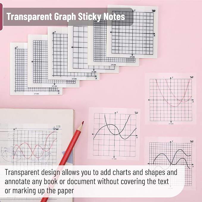 Mr. Pen- Transparent Graph Sticky Notes, 3x3 Inch, 6 Pads, 50 Sheets/Pad | 6 Grid Designs, Square Graph Paper Notes & Fineliner, Waterproof Grid Sticky Note Pads for Math, Study, Journals, Planners