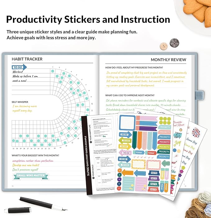 SUNEE Adhd Daily Planner for Adults,3-Month Undated Daily Weekly Monthly Planner for Productivity, Goal Setting, Time Management, Work & Life - for Men & Women,Vision Board + Stickers,Gray Blue