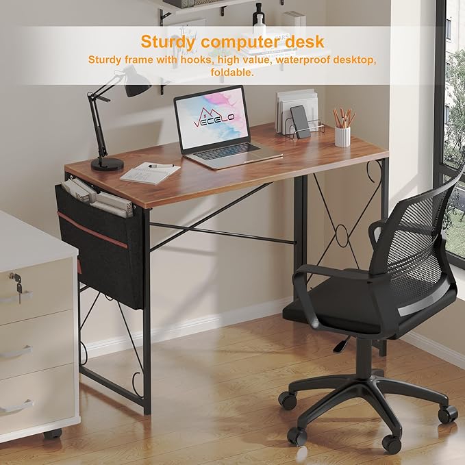 VECELO 39 Inch Folding Desk Simple Assembly, Writing Computer Desk for Home Office Study Office Foldable Table for Small Spaces,Classic Brown,2 Set