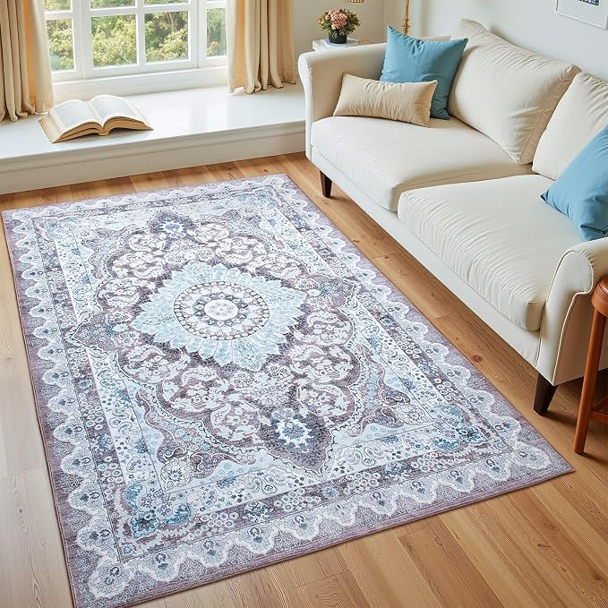 Macgace 4x6 Area Rug for Bedroom, Machine Washable Rugs with Non-Slip Backing for Living Room, Soft Vintage Carpet Kitchen Laundry Kids Room Decor, Blue & Brown