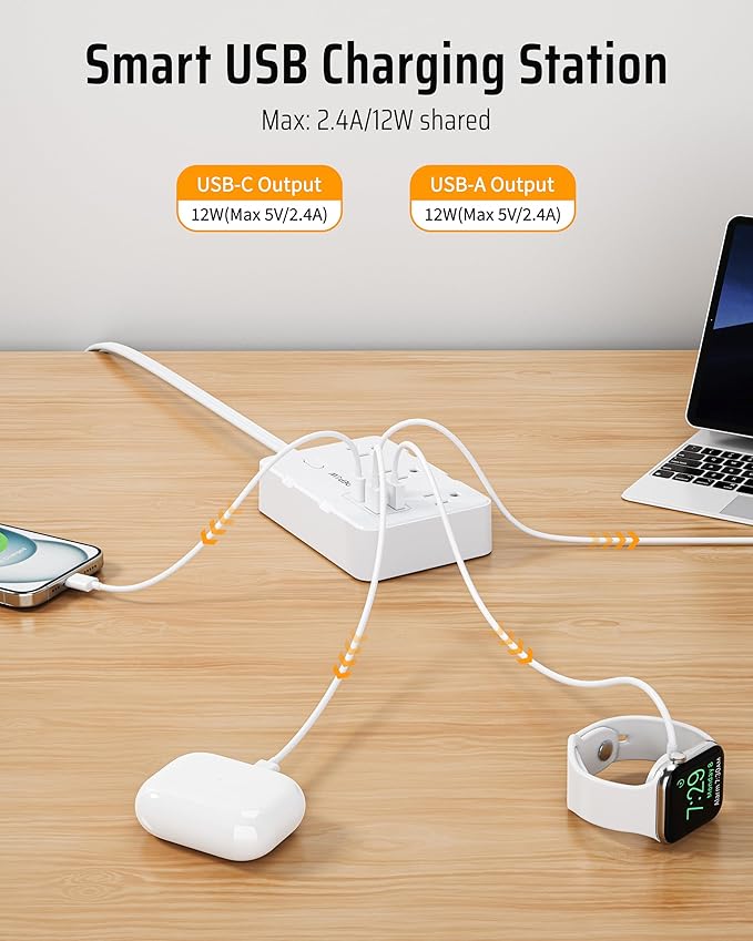DEPOW Surge Protector Power Strip, 3 FT Extension Cord with 6 AC Outlets(1625W/13A) 4 USB Ports,1050J Surge Protection, Wall Mountable Charging Station for Office, Home, White