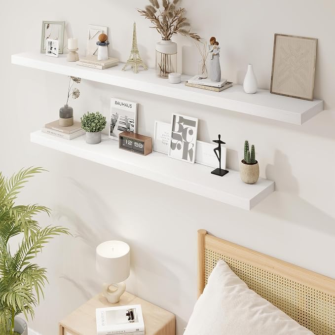 72in Floating Shelves for Wall, 72"W x 9.25"D x 1.5"H, Long Wall Mounted Engineered Wood Shelves with Invisible Brackets for Living Room, Bedroom, Bathroom, Kitchen Decor and Storage, White