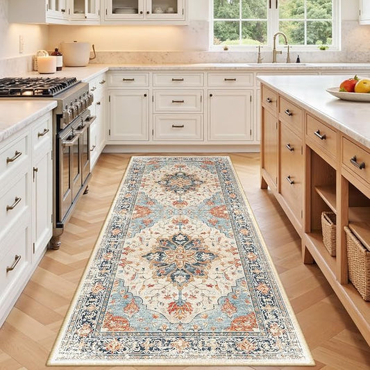 RELEANY Area Rugs Runner 3'x6' Washable Non-Slip, Floral Vintage Distress Medallion Carpet for Kitchen Hallway Bedroom Beside Laundry Room Bathroom, Beige Navy Blue Orange Colorful