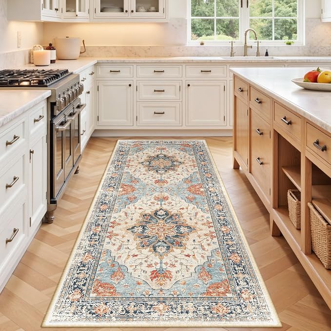 RELEANY Area Rugs Runner 3'x8' Washable Non-Slip, Floral Vintage Distress Medallion Carpet for Kitchen Hallway Bedroom Beside Laundry Room Bathroom, Beige Navy Blue Orange Colorful