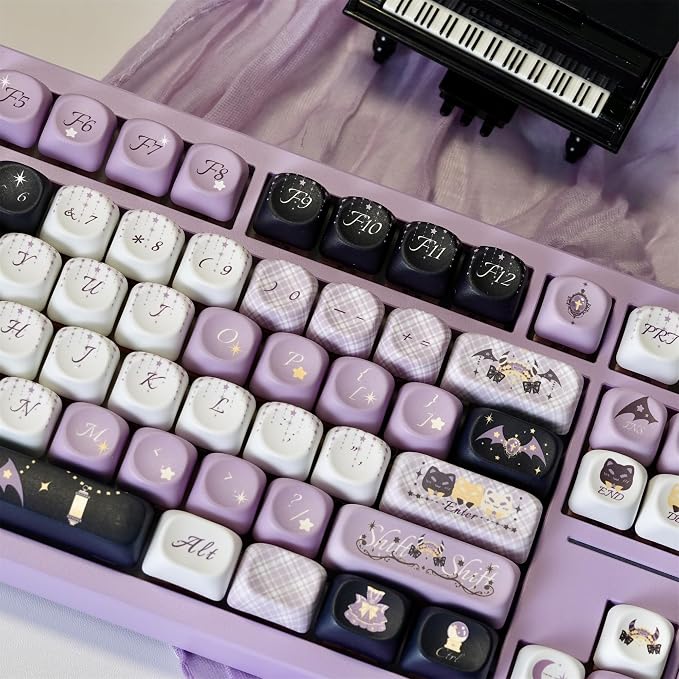 Custom Keyboard Keycaps,MOA Profile Halloween-Themed Keycaps PBT Dye-Sublimation 129 Keys Full Size Key Caps Set for Cherry MX Switches Mechanical Gaming Keyboard DIY (Purple-Witch)
