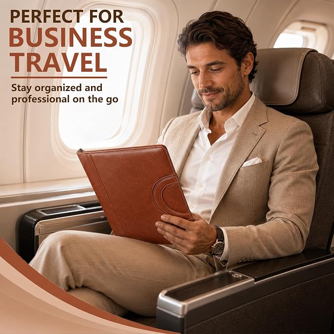 Darolin Vegan Leather Padfolio Portfolio with Handle, Zipper -Brown | Business Portfolio Organizer for Meetings, Interviews, Travel, Resume, Clipboard Fits A4, Letter Size, Padfolio for Men Women