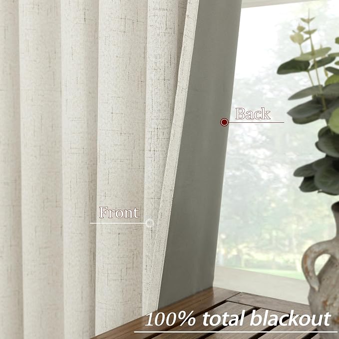 KOUFALL Cream Beige Back Tab Linen Blackout Curtains for Kitchen 36 by 45 Inch Length