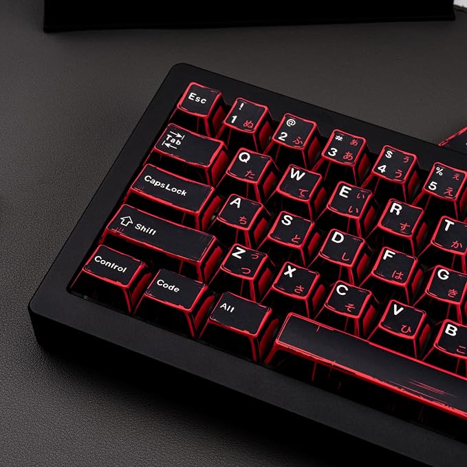 Japanese Manga Keycaps 130 Keys, Custom PBT Black and Red Keycaps, Cherry Profile Dye Sub Keycap Set Fit for 61/64/87/104/108 Cherry MX Switches Mechanical Keyboard