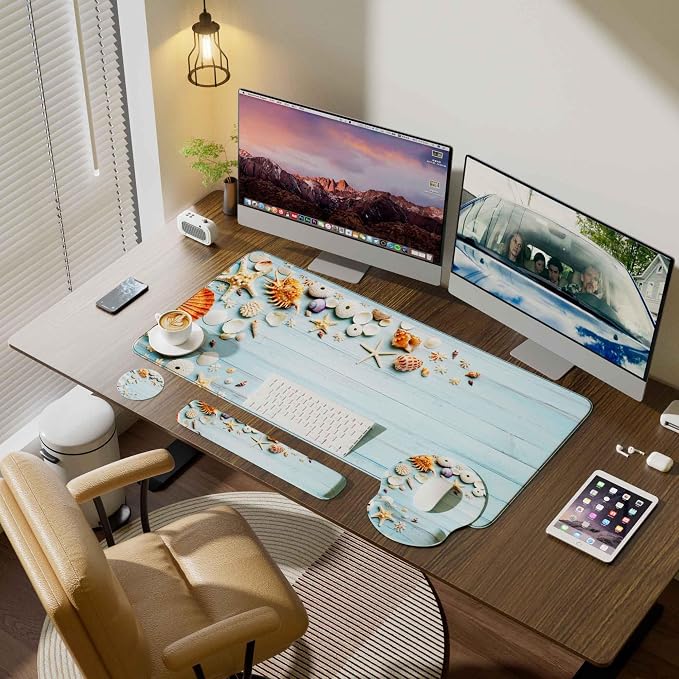 Desk Mat Set + Keyboard and Mouse Pad with Wrist Rest Support,4-in-1 Large Mousepad Computer Mats for Desktop Home & Office-Blue Shells
