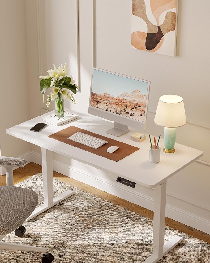 DESINO Standing Desk, 40 × 24 Inches Electric Height Adjustable, Sit and Stand Up, Computer Office Desk with Splice Board, White Frame/White TOP