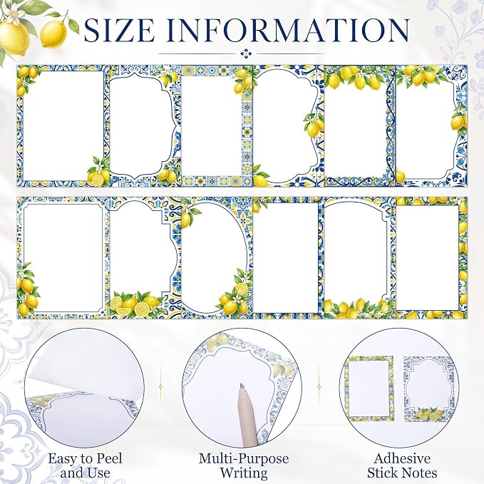 Chiisong 12 Pads Capri Lemon Sticky Notes 3 x 4 Inches Blue Tiles Yellow Adhesive Memo Pads Reminder Decor Mediterranean Amalfi Coast Notepads for Journal Office Summer Birthday Wedding Gifts
