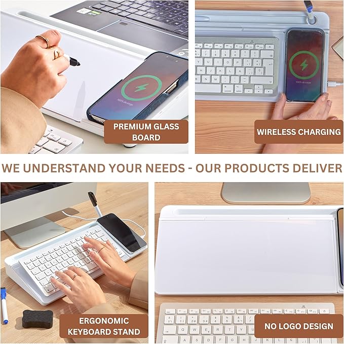GAROOD Desktop Dry Erase Board with Storage Wireless Charger Desk White Board Desk Board Glass Desktop White Board with Stand Home Office Desk Organizer Phone Holder 15.8X7X2 inches