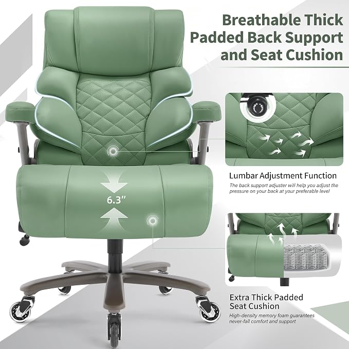 VUZI 700lbs Big and Tall Office Chair, Large Executive Leather Desk Chair | Adjustable Lumbar Support for Back Pain, Plus Size Wheels, 3D Flip Arms, Heavy Duty Metal Base, Wide Seat Computer Chair