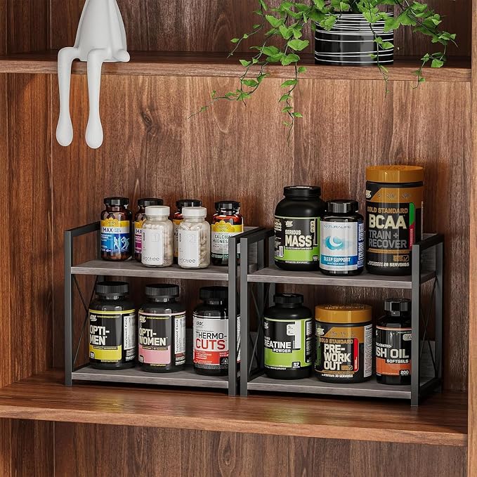 Giikin Countertop Shelf Organizer, 2 Tier Kitchen Spice Rack for Countertop, Wood Kitchen Counter Shelf for Home, Coffee Station Organizer (Grey,S)