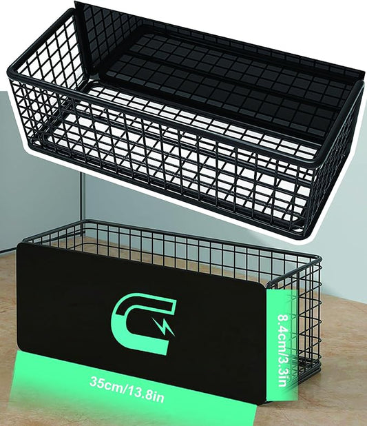 Magnetic Basket Fridge Large Magnetic Pen Holder Whiteboard Metal Wire Basket Storage Item Organizer (Large Black)