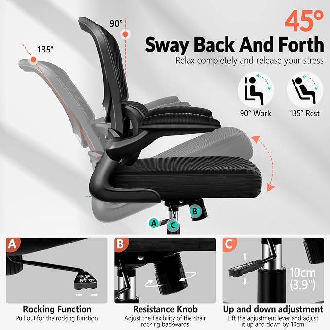 BESTFAIR Ergonomic Mesh Office Chair, Breathable Mesh Computer Desk Chair, Adjustable Lumbar Support, Flip-up Armrests, Executive Swivel Chair for Home Office, Black Pack of 4