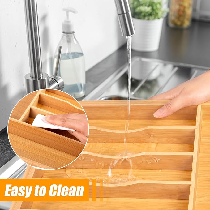 Large Premium Bamboo Silverware Organizer - Expandable Utensil Drawer Organizer - 17"x19.6" Utensil Holder and Cutlery Tray with Grooved for Kitchen Flatware and Utensils Mother's Day Gift